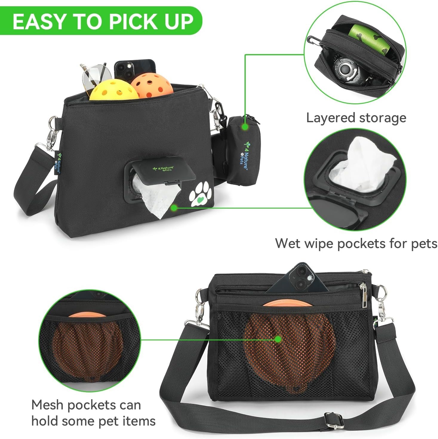 Dog Training Treat Pouch with Poop Bag Dispenser, Leakproof Wet Wipes Pocket, Water Resistant Food Holder (Black)